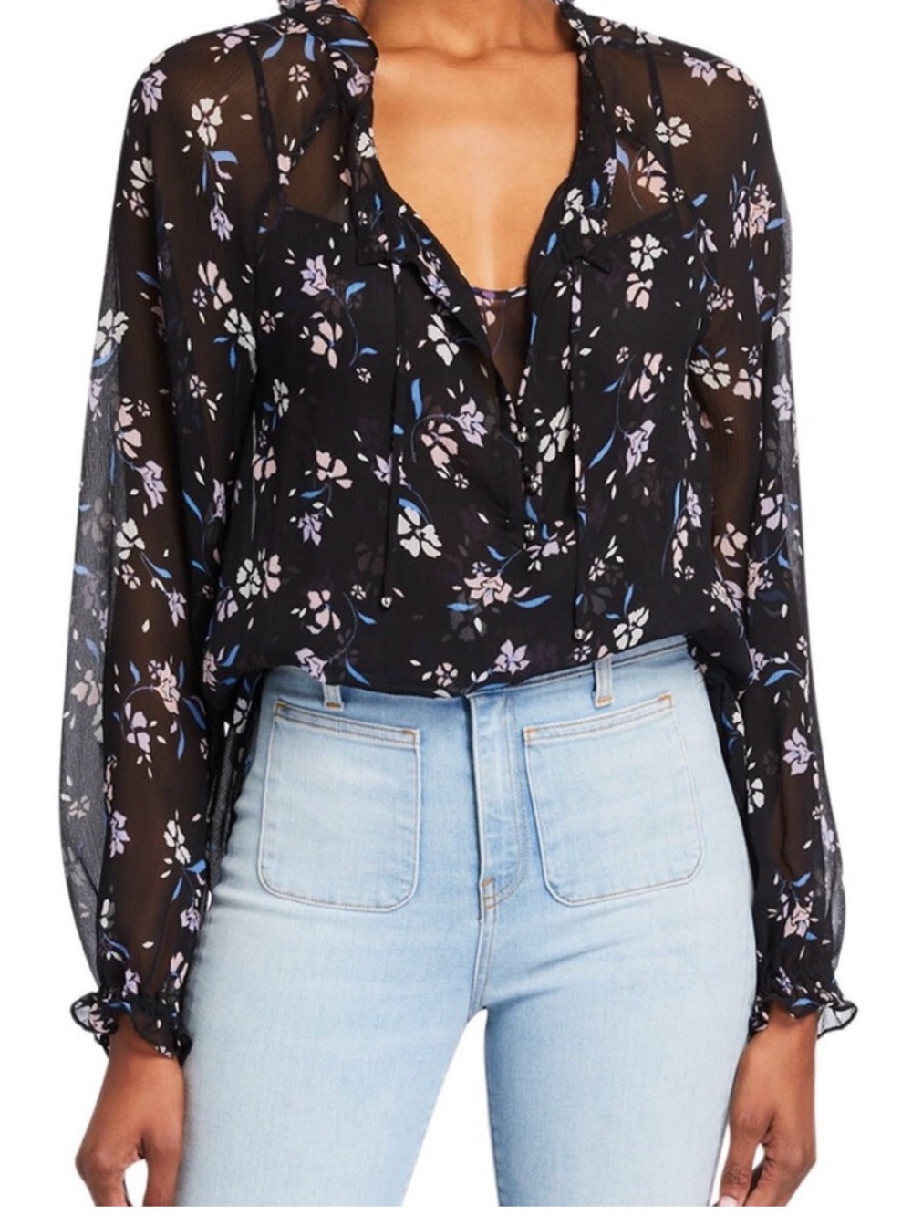 Veronica Beard Silk Black Floral Sheer Long-Sleeve Blouse| Size 8 | Like New
